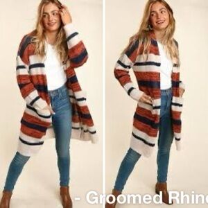 Knox Rose Open-Front Striped Cardigan in Cream, Rust & Navy